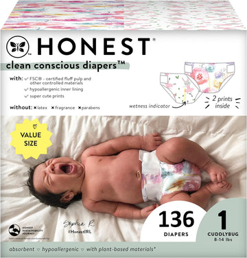 The Honest Company Clean Conscious Diapers | Plant-Based, Sustainable | Rose Blossom + Tutu Cute | Super Club Box, Size 1 (8-14 Lbs), 136 Count