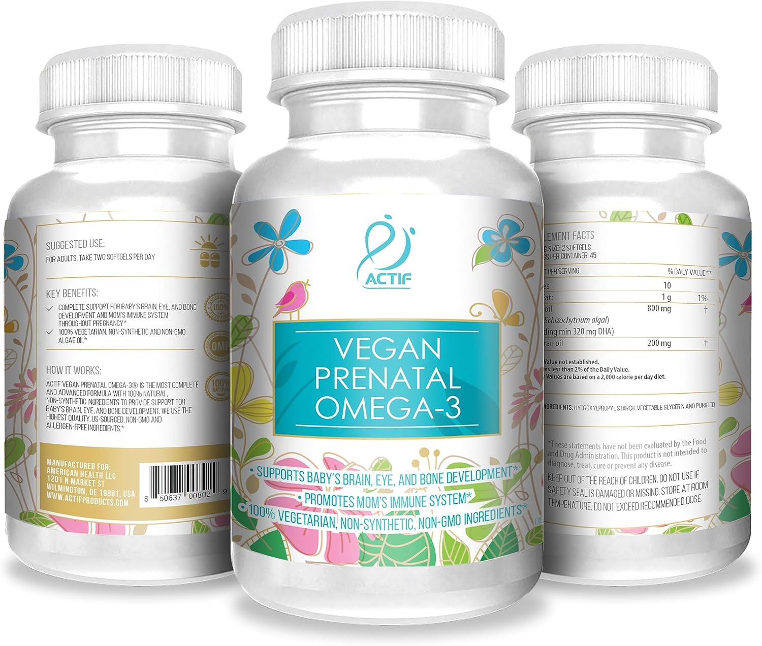 Actif Organic Vegan Prenatal Omega-3 With High Strength Algae Oil Formula, 100% Natural, Gluten-Free, Non-Gmo, 90 Count