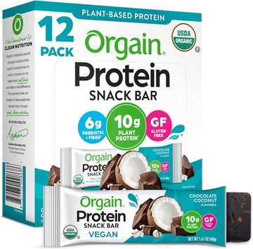 Orgain Organic Vegan Protein Bars, Chocolate Coconut - 10G Plant Based Protein, Gluten Free Snack Bar, Low Sugar, Dairy Free, Soy Free, Lactose Free, Non Gmo, 1.41 Oz (12 Count)