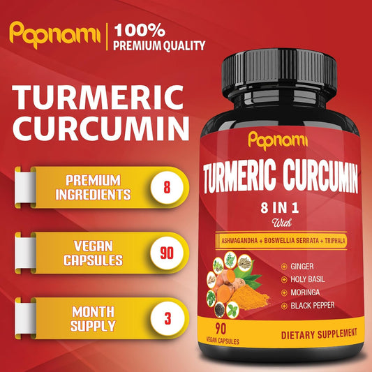 Turmeric Curcumin Extract Capsules - 90 Counts 3 Month Supply - Blended Ashwagandha, Moringa, Ginger & More - Immunity, Joint, Digestive & Wellness Support