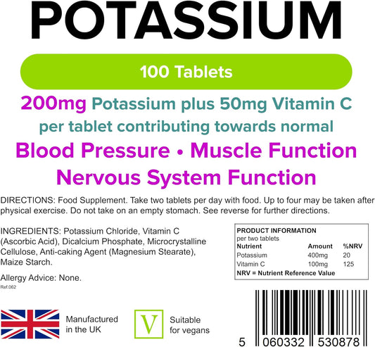 Lindens Potassium 200mg Tablets with 50mg Vitamin C - 100 Tablets - Contributes to Normal Blood Pressure, Muscle Function and Nervous System Function - UK Manufacturer, Letterbox Friendly