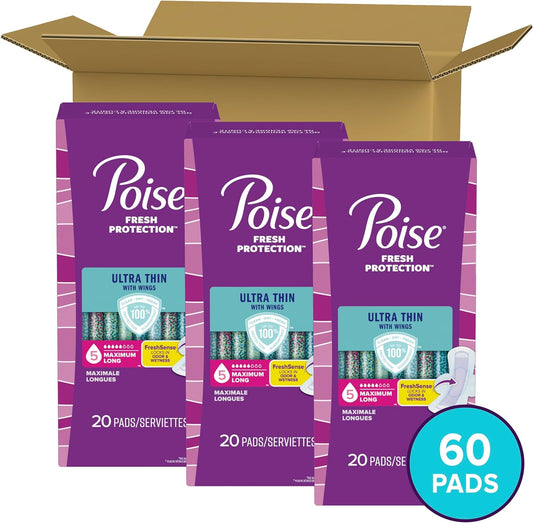 Poise Ultra Thin Incontinence Pads With Wings & Postpartum Incontinence Pads, 5 Drop Maximum Absorbency, Long Length, 60 Count (3 Packs Of 20), Packaging May Vary