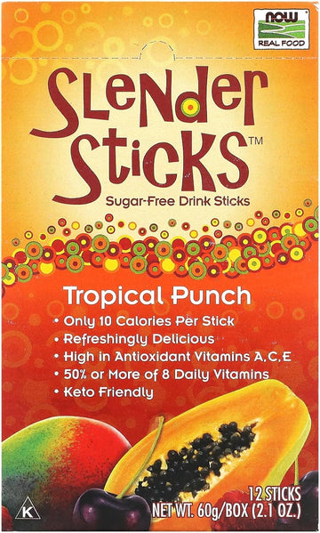 Now Foods, Slender Sticks, Tropical Punch, 15 Calories Per Stick, Refreshingly Delicious, With Antioxidant Vitamins A,C, E, 12/Box