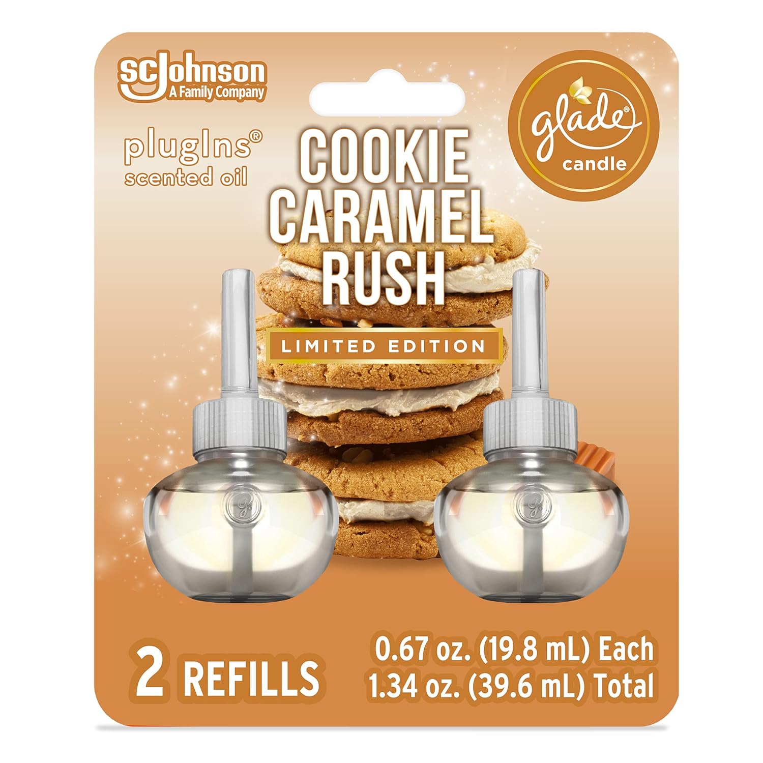 Glade PlugIns Refills Air Freshener Starter Kit, Scented and Essential Oils for Home and Bathroom, Cookie Caramel Rush, 0.67 Fl Oz, 1 Warmer + 1 Refill