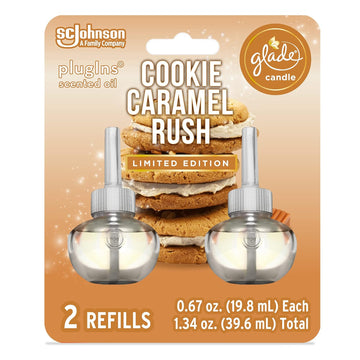 Glade PlugIns Refills Air Freshener Starter Kit, Scented and Essential Oils for Home and Bathroom, Cookie Caramel Rush, 0.67 Fl Oz, 1 Warmer + 1 Refill