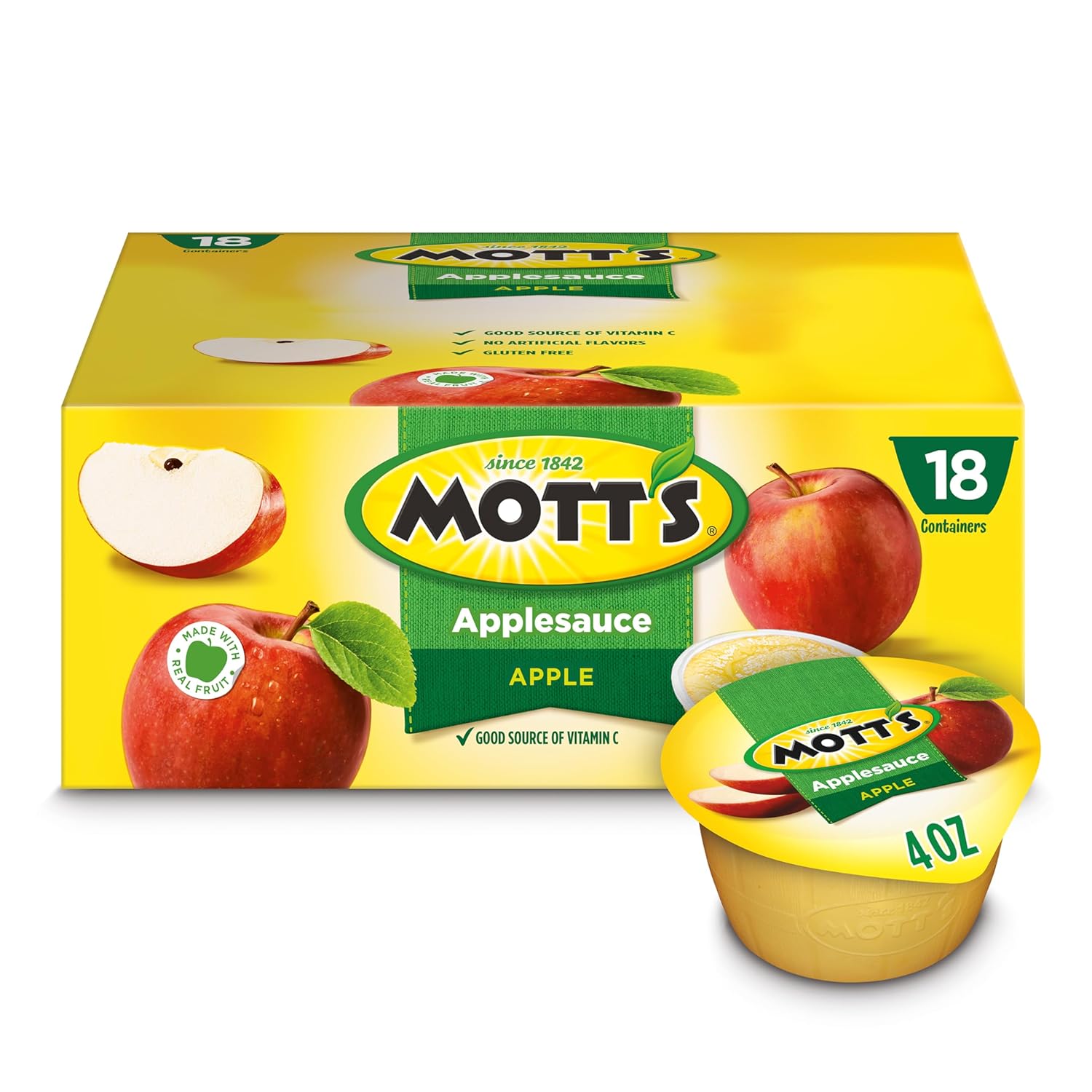 Mott'S Applesauce, 4 Oz Cups, 18 Count, No Artificial Flavors, Good Source Of Vitamin C, Nutritious Option For The Whole Family