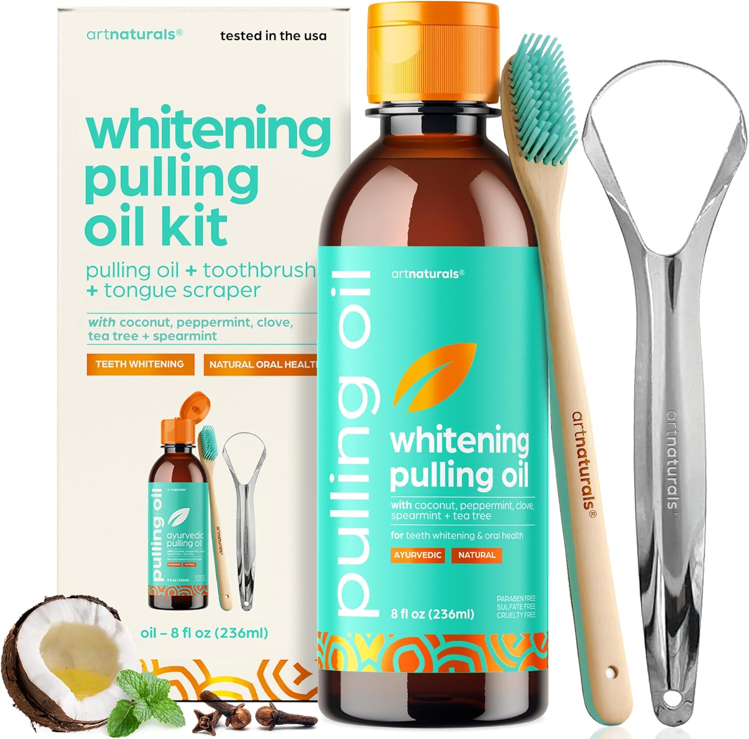 Artnaturals Coconut Oil Pulling (8Oz) Tongue Scraper & Toothbrush Set - Alcohol-Free Mouthwash - Infused With Magnesium & Peppermint For Teeth Whitening & Fresh, Healthy Breath And Gums