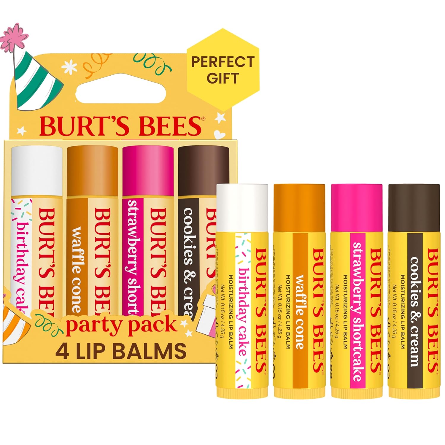 Burt'S Bees Lip Balm Party Pack - Birthday Cake, Waffle Cone, Strawberry Shortcake, And Cookies & Cream, All Day Moisturizer, Tint-Free, Natural Origin Conditioning Lip Treatment, 4 Tubes, 0.15 Oz