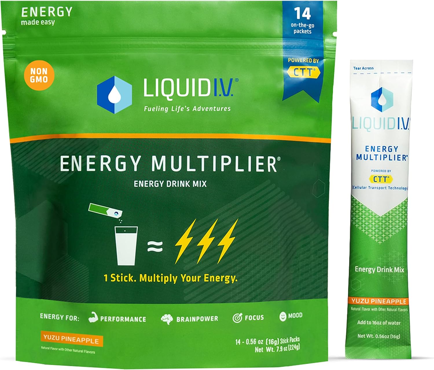 Liquid I.V. Hydration + Energy Multiplier - Yuzu Pineapple - Hydration Powder Packets | Electrolyte Powder Drink Mix | Easy Open Single-Serving Servings | Non-GMO | 1 Pack (14 Servings)