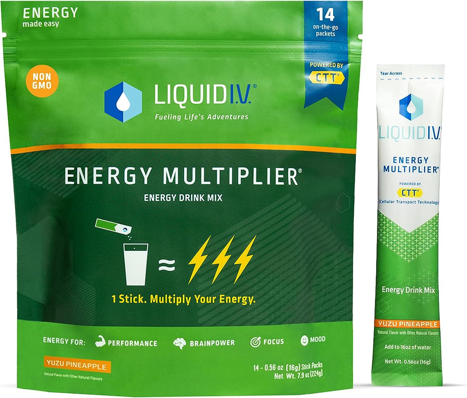 Liquid I.V. Hydration + Energy Multiplier - Yuzu Pineapple - Hydration Powder Packets | Electrolyte Powder Drink Mix | Easy Open Single-Serving Stick | Non-Gmo | 12 Pack (168 Servings)