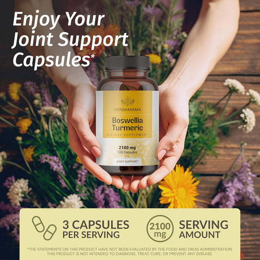 Boswellia Turmeric Capsules - Joint, Digestion & Brain Support Herbal Supplements W/Organic Herb Extract Of Black Pepper | Made In Usa - Vegan, Gluten Free, Non Gmo | 100 Capsules - 2100 Mg