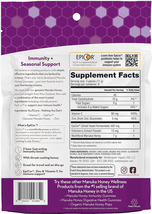 Wedderspoon Manuka Honey Immunity Lozenges with Epicor, Zinc, Vitamin C ? Elderberry, 2.6 Oz (Pack of 1), Boosts Immunity Within Two Hours