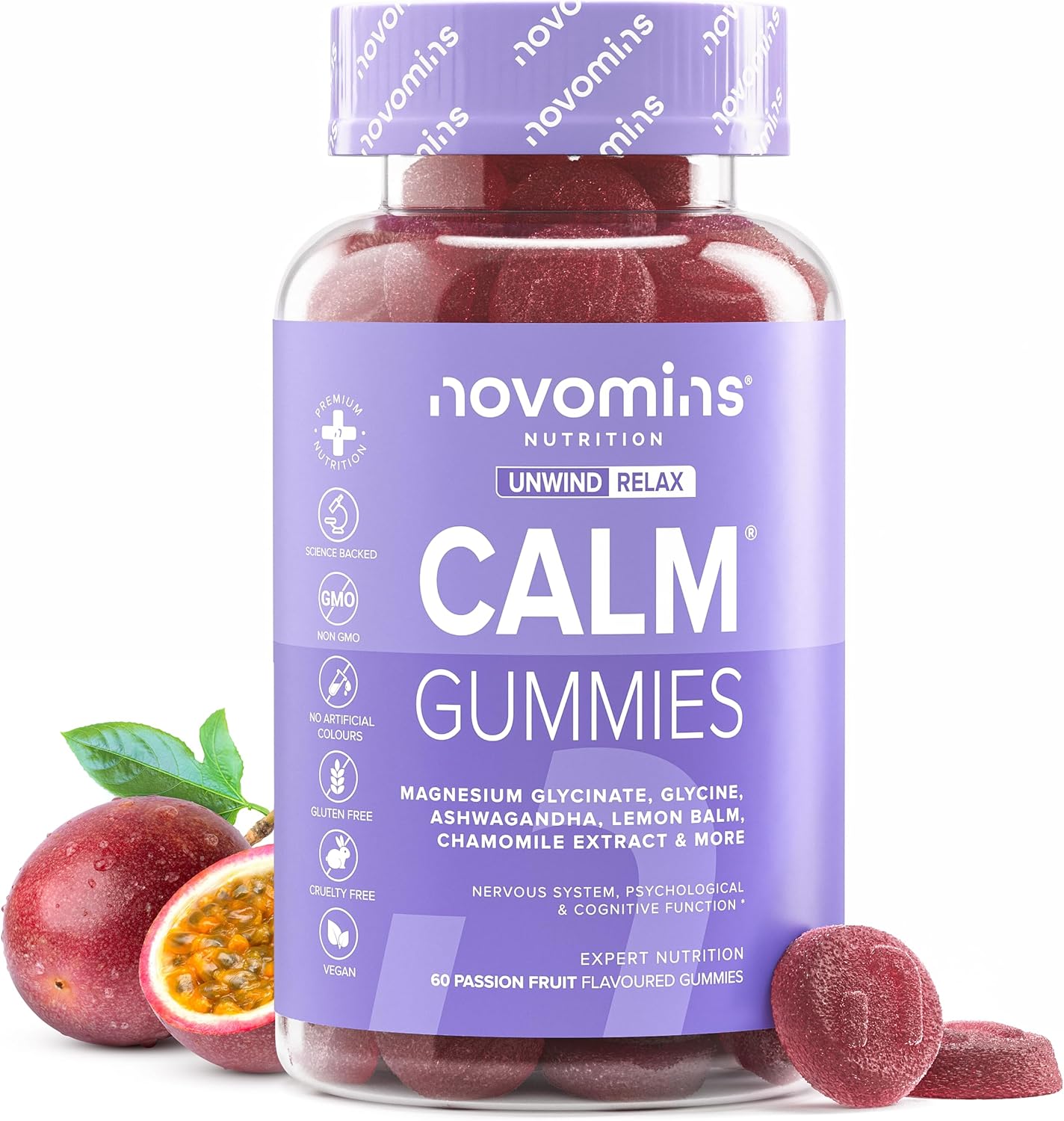 450Mg Magnesium Glycinate Gummies - Calm Gummies With Ashwagandha, Glycine, Lemon Balm, Chamomile, Vitamin B12 And Iodine – Rescue And Calms Your Mind – Relax And Balance - Novomins
