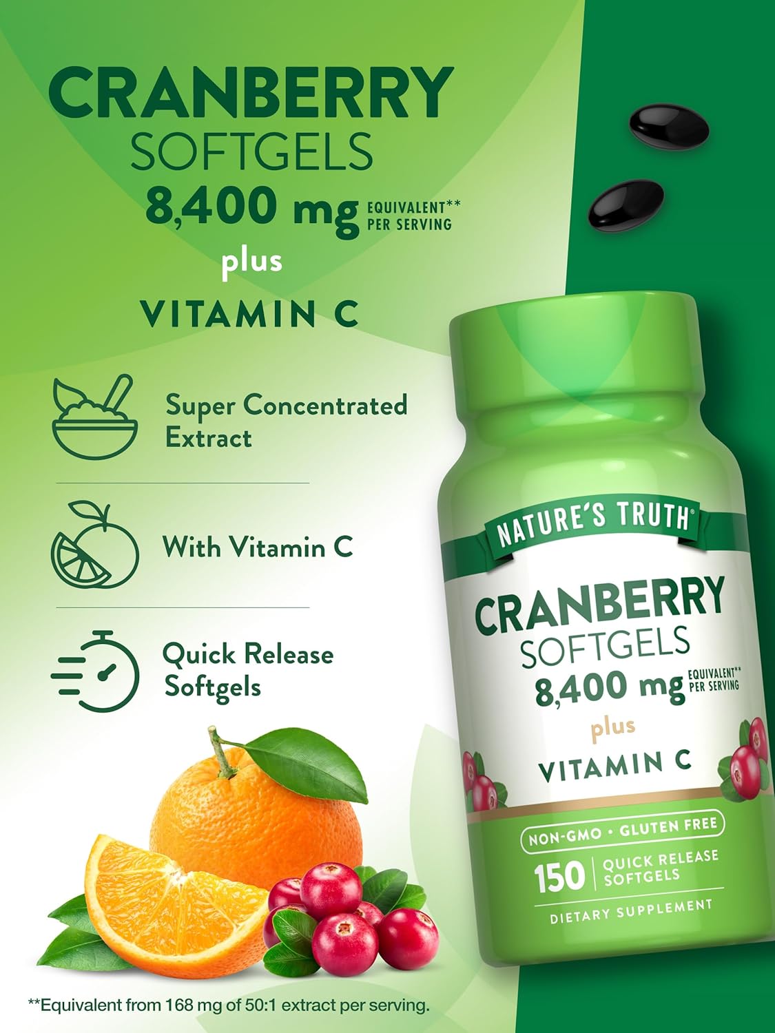 Nature's Truth Cranberry with Vitamin C Softgels | 8400mg | 150 Pills | Urinary Tract Health Support | Non-GMO & Gluten Free Supplement : Health & Household