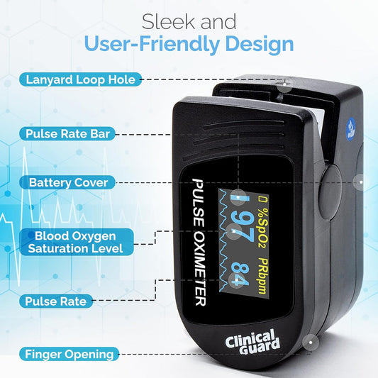 Clinical Guard 500S Pulse Oximeter | Fingertip Blood Oxygen Saturation Monitor with Heart Rate & Accurate SpO2 Reading Meter| Finger Pulse Oximeter with Batteries, OLED Display, Cover & Case | Black