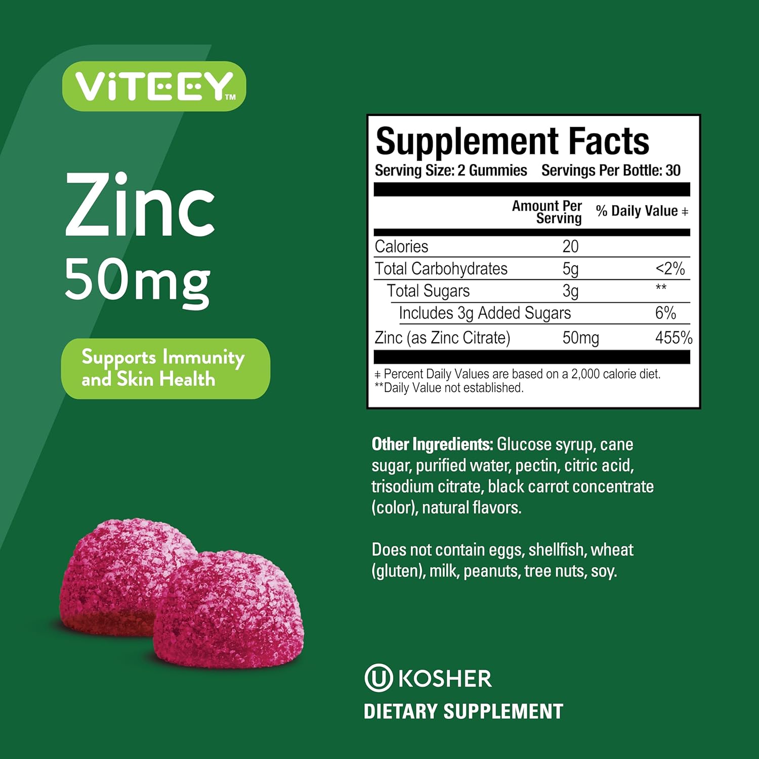 Zinc Gummies Adult & Teens - 50Mg - Immune Health Support & Antioxidant Support - Vitamin Zinc Supplement - Vegan, Gelatin Free, Gmo Free - Tasty Chewable Berry Flavored Gummy