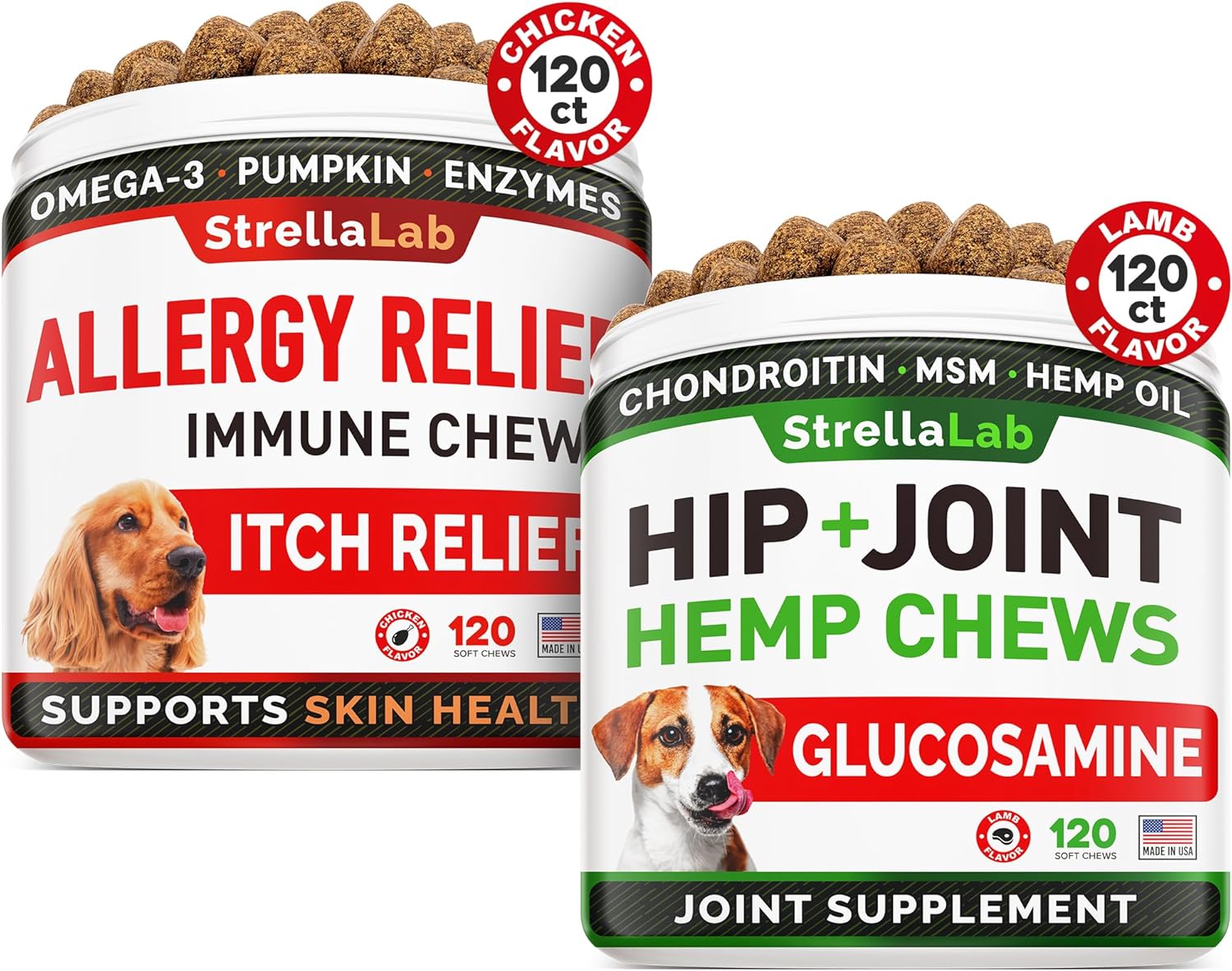 Allergy Relief + Hemp Dogs Bundle - Itchy Skin Treatment + Hip Joint Pain Relief - Omega 3 & Pumpkin + Chondroitin, Msm - Dogs Itching & Licking Treats + Joint Supplement - 240 Chews - Made In Usa