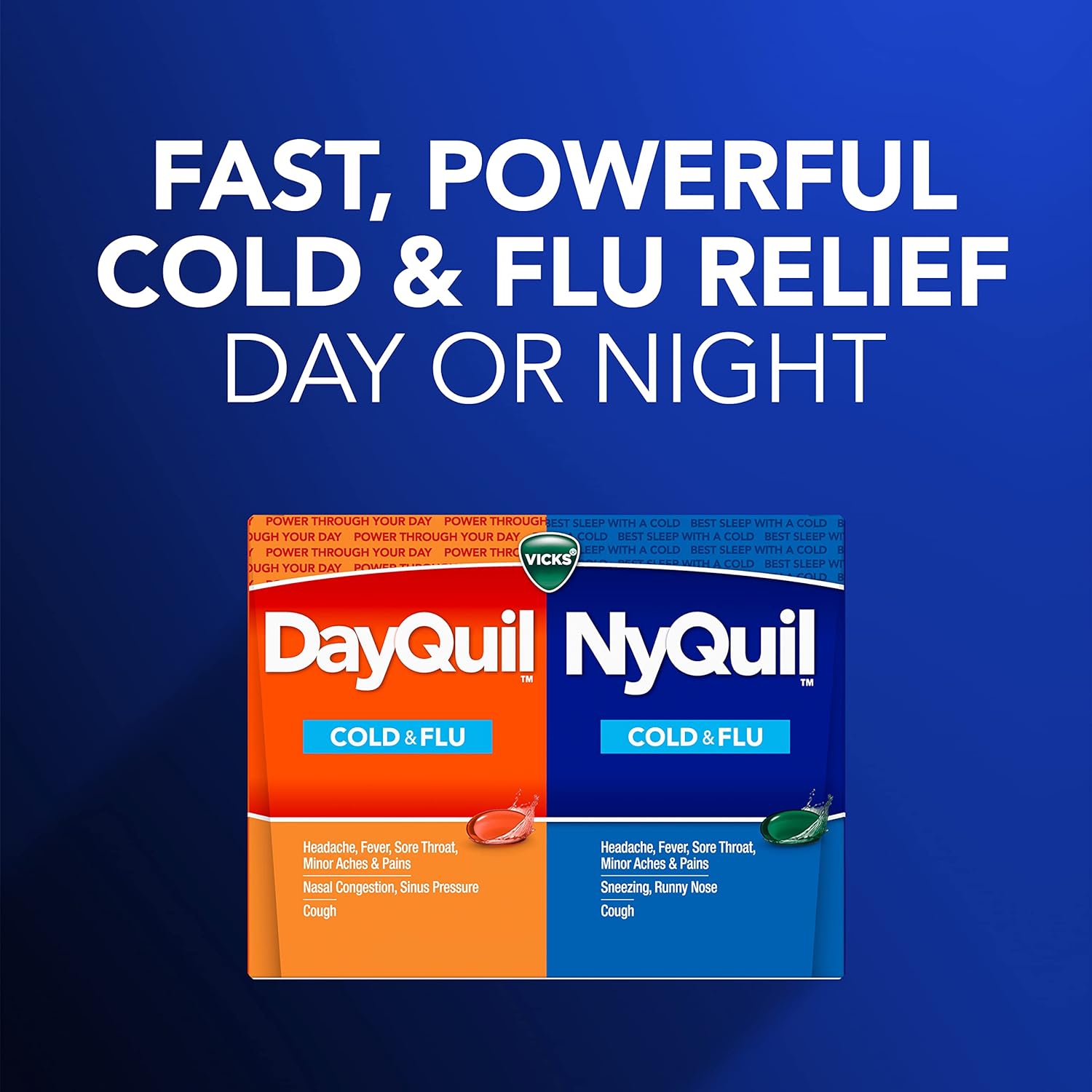 Vicks DayQuil and NyQuil Combo Pack, Cold & Flu Medicine, Powerful Multi-Symptom Daytime and Nighttime Relief For Headache, Fever, Sore Throat, Cough, 48 Count, 32 DayQuil and 16 NyQuil Liquicaps : Health & Household