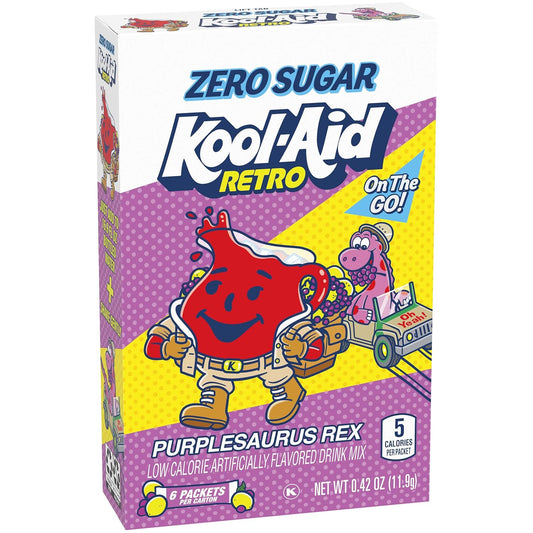 Kool-Aid Retro Purplesaurus Rex Grape Lemonade Zero Sugar Artificially Flavored Powdered Soft Drink Mix, 6 Ct On-The-Go-Packets