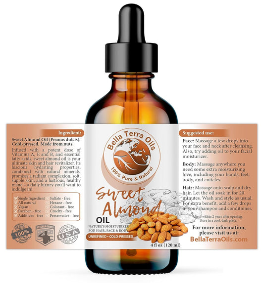 Bella Terra Oils - Organic Sweet Almond Oil 4oz - A Symphony of Vitamin E & Oleic Acid, Pure Cold-Pressed Essence, Luxe Touch for Skin