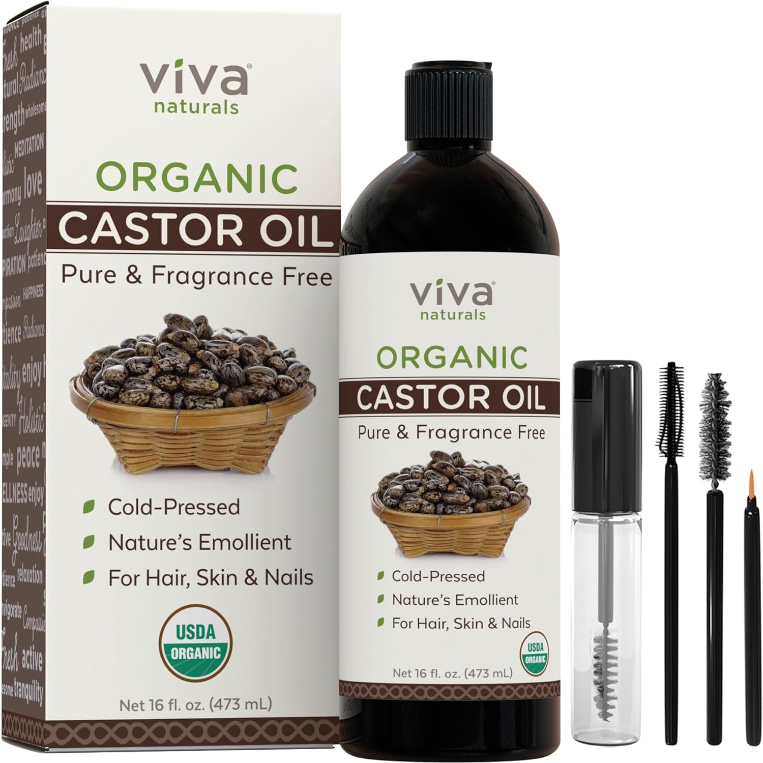 Viva Naturals Organic Castor Oil, 16 fl oz - Cold Pressed Castor Oil for Skin, Hair and Lashes - Traditionally Used to Support Hair Growth - Certified Organic & Non-GMO - Includes Beauty Kit