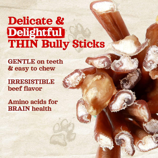 Natural Farm Thin Bully Sticks (6 Inch, 25 Pack), Natural Dog Dental Treats, Grain-Free, Preservative-Free, Low-Fat, & Fully Digestible - Best For Small, Senior Or Light Chewers