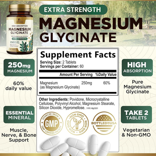 Magnesium Glycinate 250 Mg - 100% Chelated Magnesium Supplement, High Absorption Magnesium 250Mg For Muscle, Heart, Bone & Nerve Health Support, Gluten Free Vegan Non-Gmo, 120 Count Magnesio Glycinate