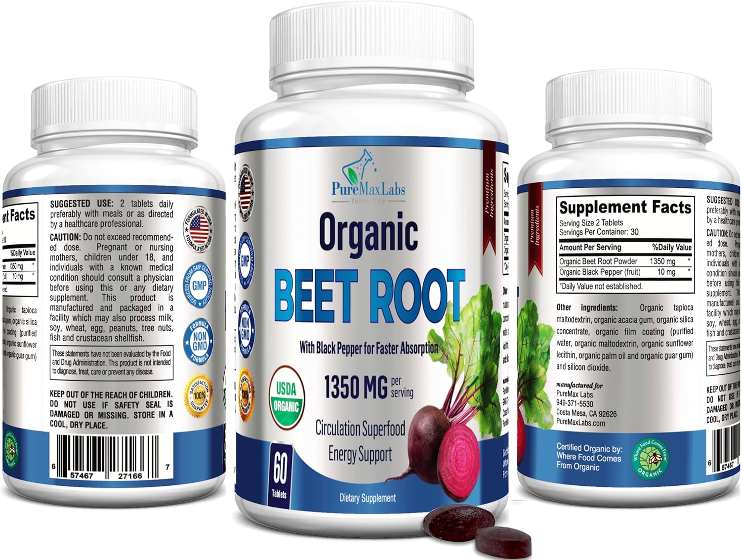 YUMMYVITE Organic Beet Root Powder Tablets - 1350mg with Black Pepper for Faster Absorption - Boosts Nitric Oxide for Energy and Stamina - 60 Tablets : Health & Household