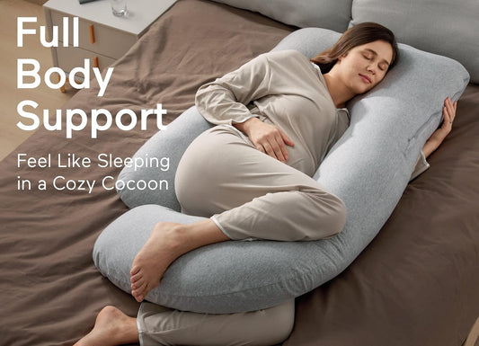 Momcozy U Shaped Pregnancy Pillows With Cotton Removable Cover, 57 Inch Full Body Pillow Maternity Support, Must Have For Pregnant Women, Hatha Grey