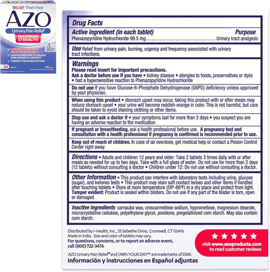 Azo Urinary Pain Relief Maximum Strength (24 Count) Urinary Tract Infection Urinary Tract Infection (Uti) Test Strips, Accurate Results In 2 Minutes, 3 Count