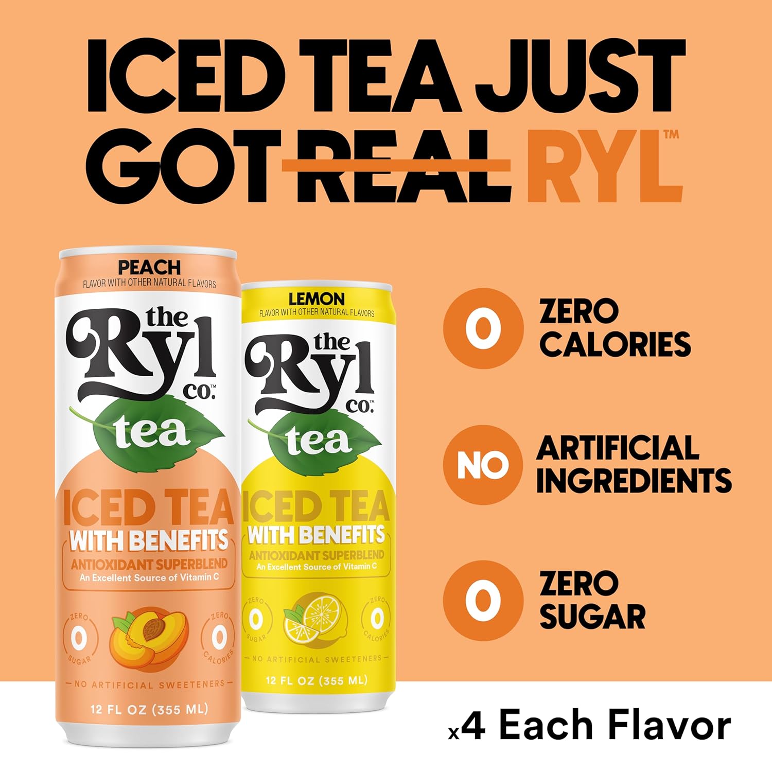 Ryl Iced Tea, Variety Fruit Pack, Peach Tea And Lemon Tea, 12.0 Fl Oz (8-Pack)