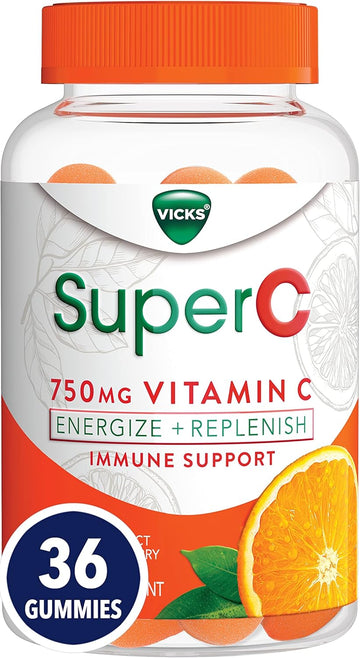 Vicks Super C Vitamin C Gummies, Energize + Replenish, Daytime Supplement For Immune Support With Vitamin C, B Vitamins, Green Tea Extract, Ginseng, And Goji Berries, Citrus Flavored, 36 Gummies