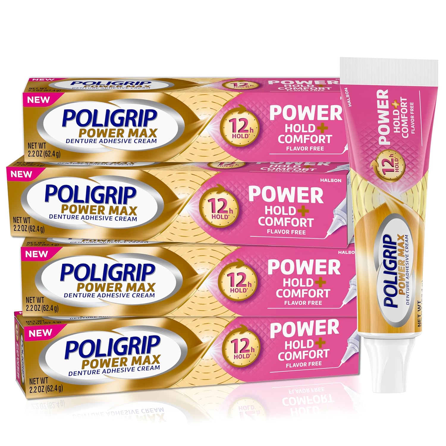 Poligrip Denture Adhesive, Power Max Hold Plus Comfort Denture Adhesive Cream, 2.2 Ounces (Pack Of 4)