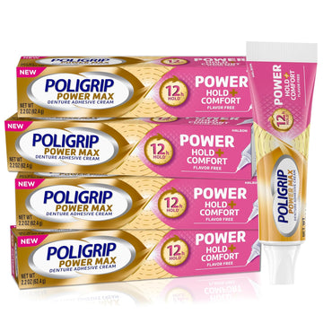 Poligrip Denture Adhesive, Power Max Hold Plus Comfort Denture Adhesive Cream, 2.2 Ounces (Pack Of 4)