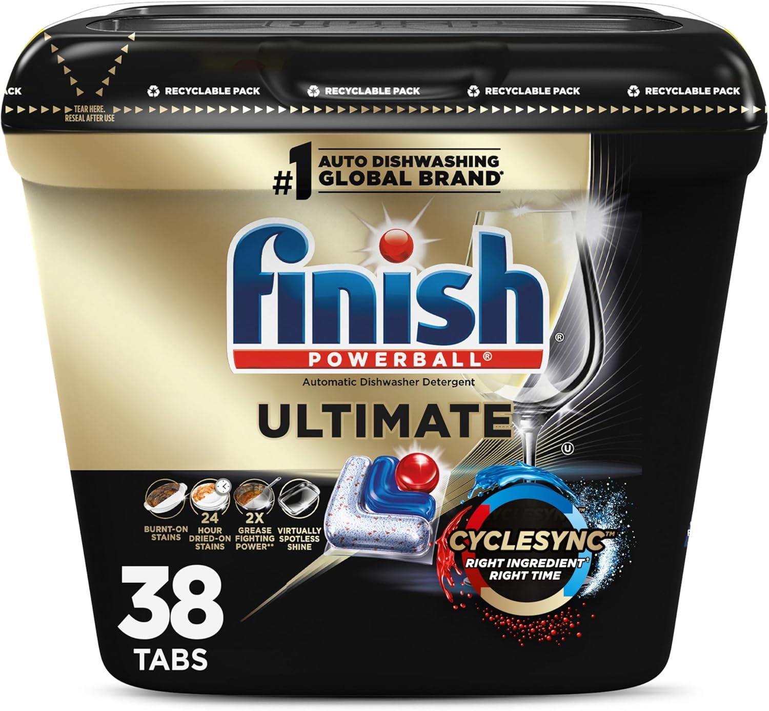 Finish Ultimate Dishwasher Pods, No Pre-Rinse Dishwasher Detergent Soap Removes Burnt-On Stain, With Cyclesync Technology, Degreasing & Scrubbing Power, 38 Count