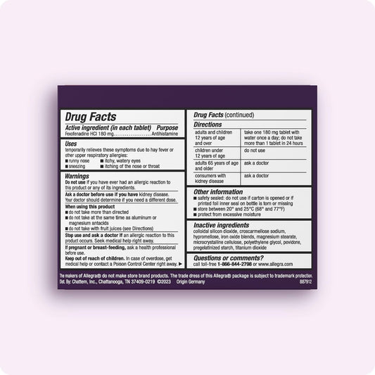 Allegra Adult 24-Hour Allergy Relief Tablets, Non-Drowsy Indoor And Outdoor Allergy Medicine, 180 Mg Fexofenadine Hci Antihistamine Pill, 70-Count