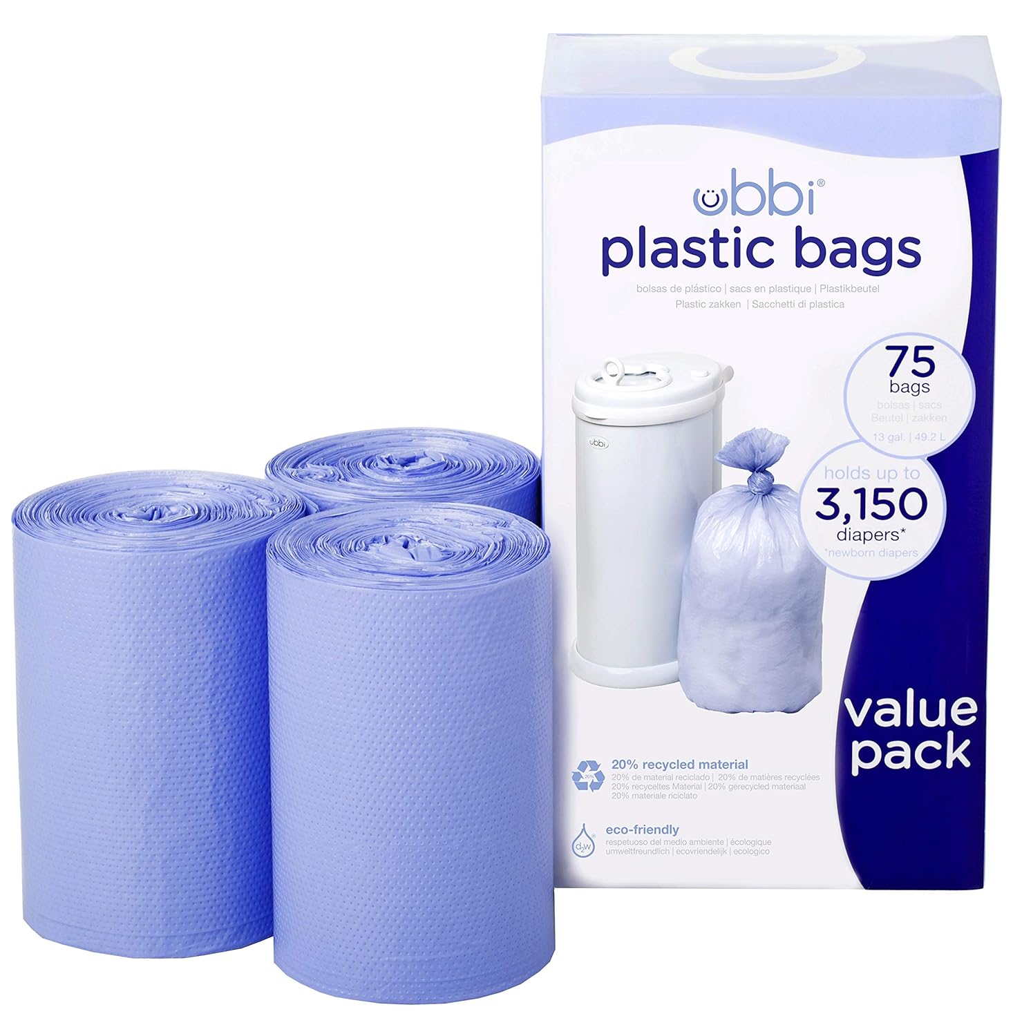 Ubbi Diaper Pail Plastic Bags, Disposable Baby Waste Bags, 3 Pack, 75 Count, 13-Gallon Bags : Baby