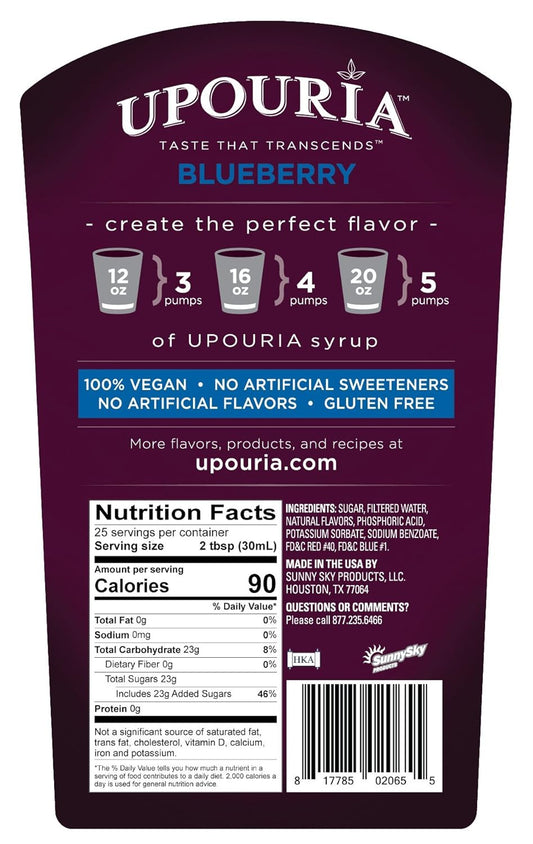 Upouria Blueberry Flavored Syrup, Great for Cocktails, Sodas and Lemonades, 100% Vegan, Gluten-Free, Kosher, 750 mL Bottle - Syrup Pump Included