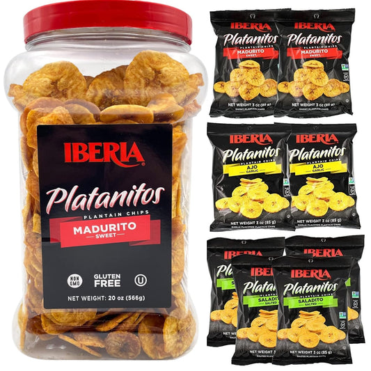 Iberia Naturally Sweet Plantain Chips 1.75 lb. Jar + Iberia Plantain Chips Variety Pack Bundle