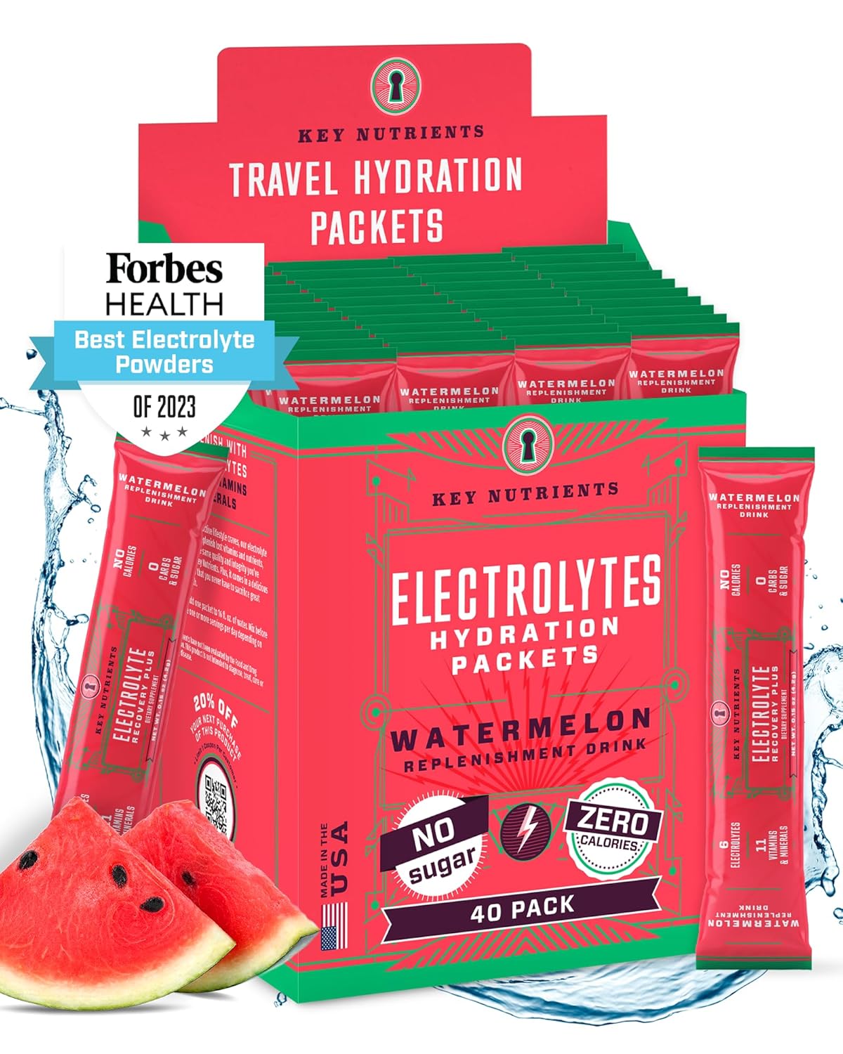 Key Nutrients Electrolytes Powder Packets - Refreshing Watermelon 40 Pack Hydration Packets - Travel Hydration Powder - No Sugar, No Calories, Gluten Free - Made In Usa