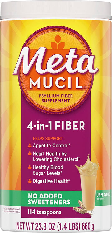Metamucil, Daily Psyllium Husk Powder Fiber Supplement With Real Sugar, 4-In-1 Daily Fiber Supplement For Digestive Health, Orange Smooth Flavored Drink, 114 Servings