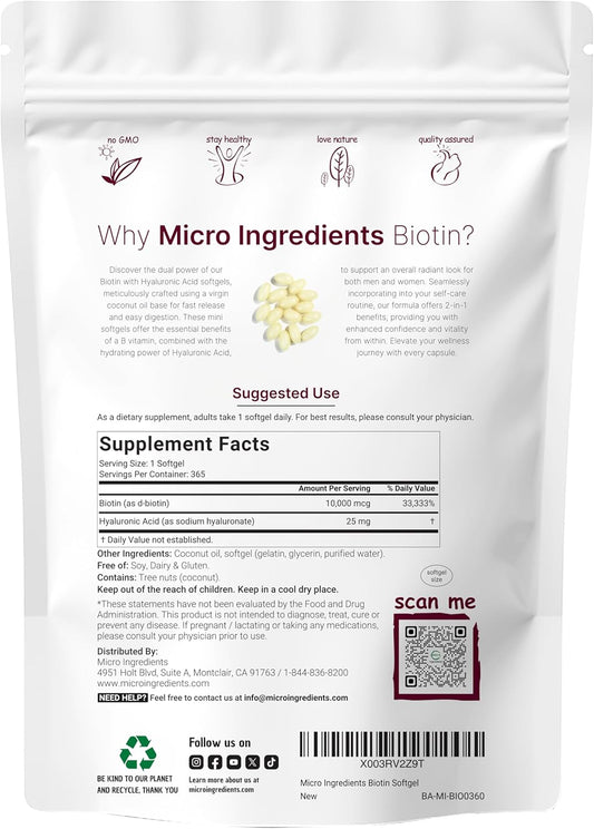 Micro Ingredients Biotin 10,000Mcg W/Hyaluronic Acid 25Mg | 365 Virgin Coconut Oil Softgels, Fast Release, One Year Supply, Supports Healthy Hair, Skin & Nails, Non-Gmo & No Gluten