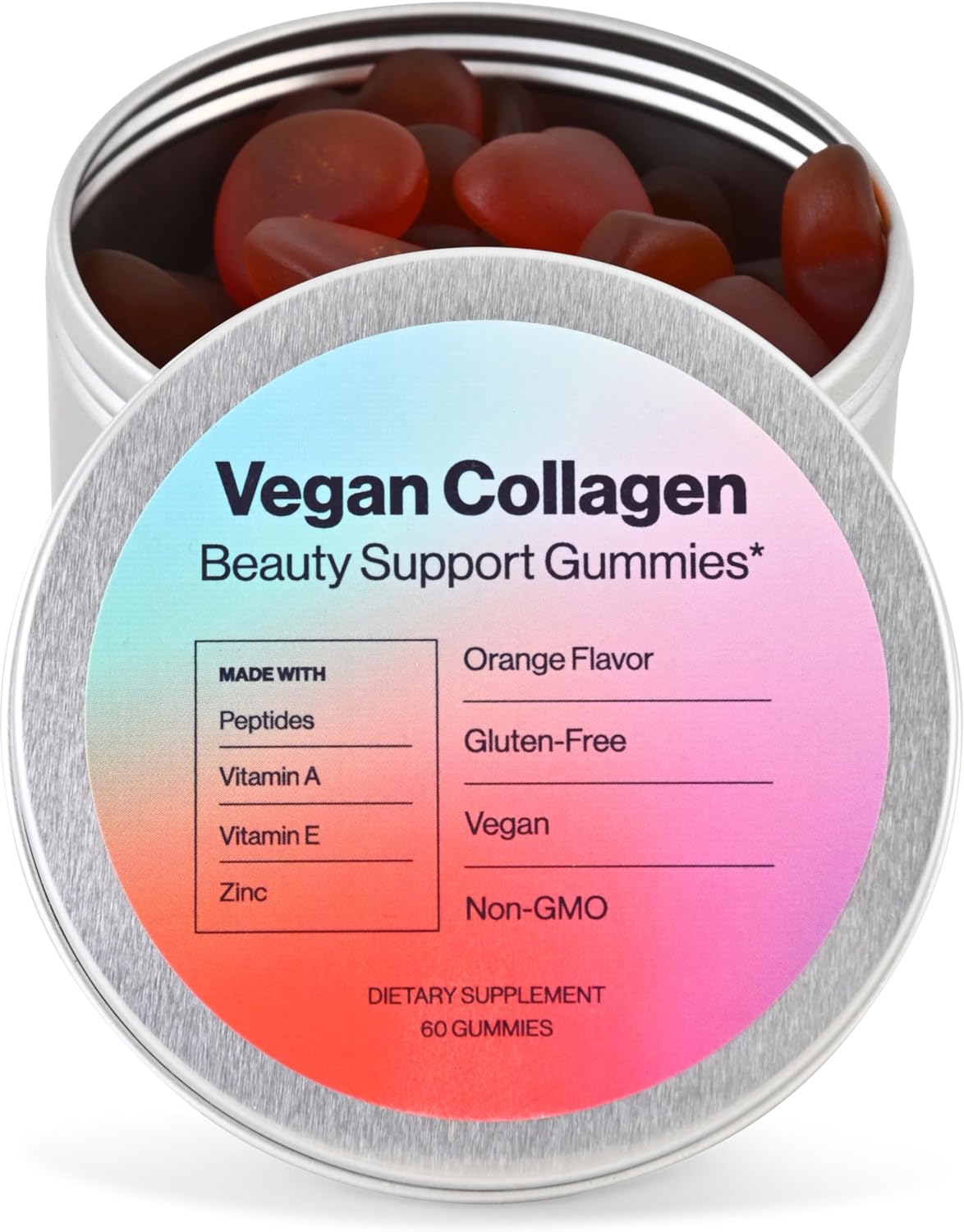 Vegan Beauty Support Gummies Collagen Booster With Biotin, Vitamin C, A, E, Folic Acid, And More - 60 Gummies - Plastic-Free Tin - Made With Natural Ingredients