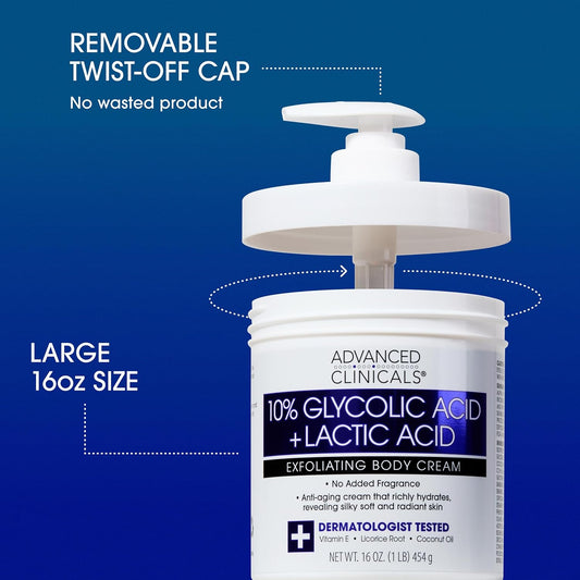 Advanced Clinicals 10% Glycolic Acid + Lactic Acid Lotion Exfoliant Moisturizing Cream With Hyaluronic Acid Moisturizer | Aha Exfoliating Body Cream Improves Look Of Uneven Rough Skin Texture, 16 Oz
