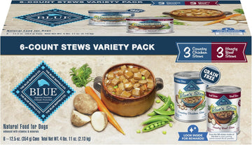 Blue Buffalo Blue's Stew Natural Wet Dog Food, Made with Natural Ingredients, Hearty Beef and Country Chicken Variety Pack, 12.5-oz. Cans, 6 Count