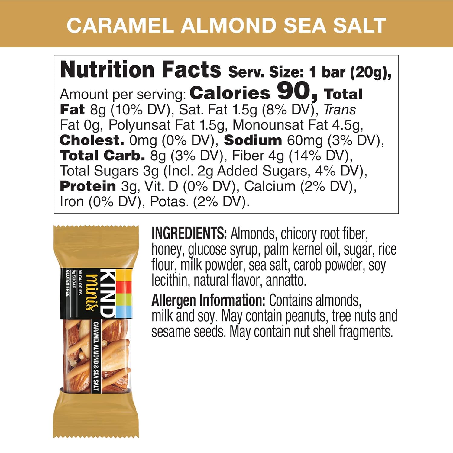 Kind Minis Healthy Snack Bar, Caramel Almond & Sea Salt, 3G Sugar, Gluten Free Bars, 0.7 Oz, (80 Ct)