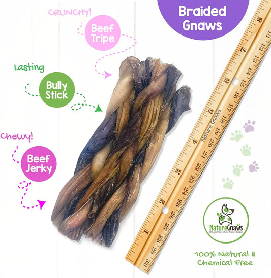 Nature Gnaws Braided Gnaws For Dogs 5-6" (3 Count) - Long Lasting For Small And Medium Dogs - Natural Beef Bully Stick Combo Braids - Rawhide Free