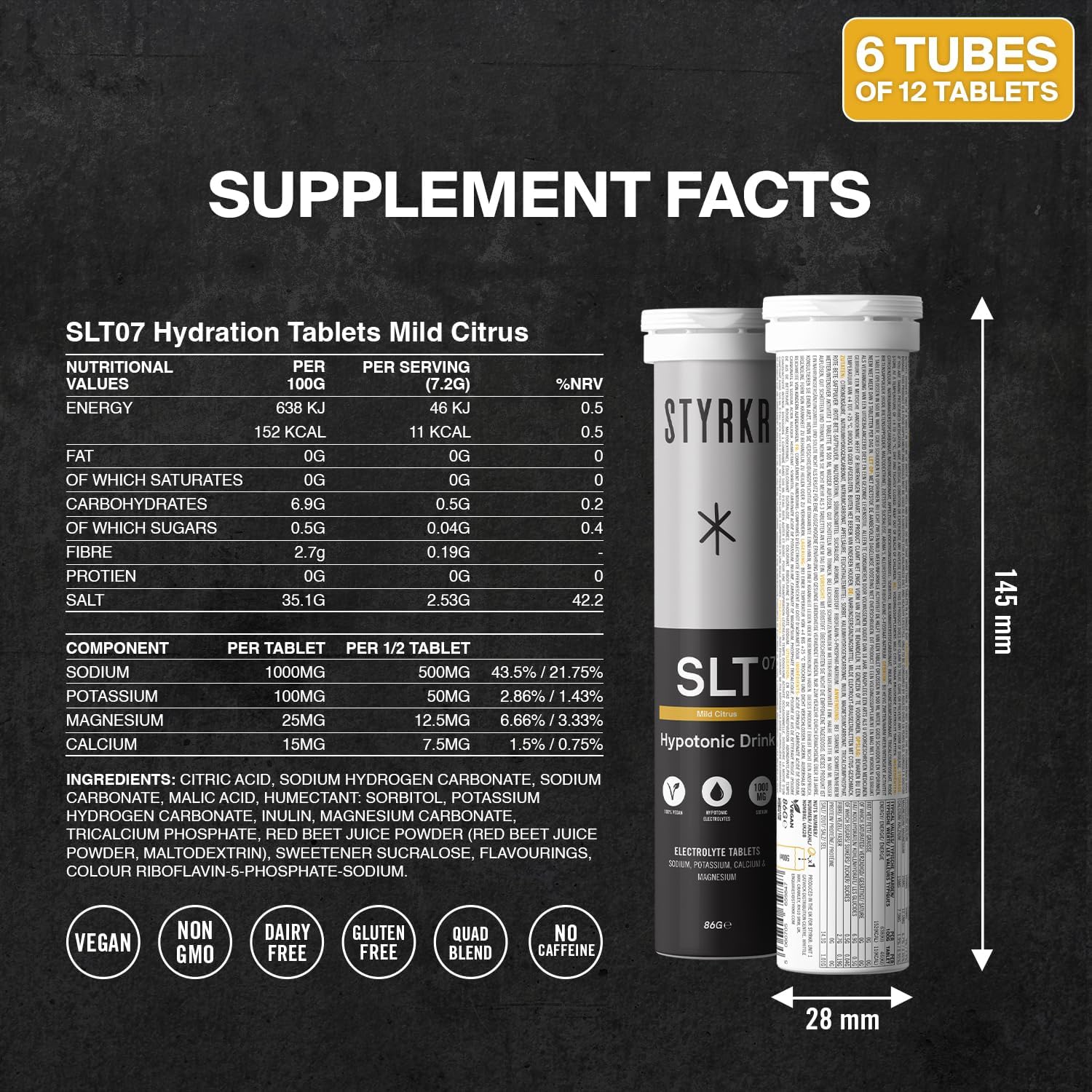 Electrolytes Tablets by Styrkr - Citrus - 6X Pack of 12 Hydration Tablets - 1000mg per Serving - 4X Higher Salts - Used by Endurance Athletes - Advanced Quad-Blend Formulation - SLT07 12x per Tube : Amazon.co.uk: Health & Personal Care