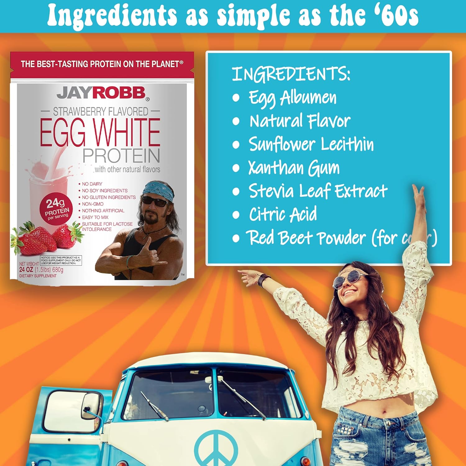 Jay Robb Strawberry Egg White Protein Powder, Low Carb, Keto, Vegetarian, Gluten Free, Lactose Free, No Sugar Added, No Fat, No Soy, Nothing Artificial, Non-GMO, Best-Tasting (12 oz, Strawberry) : Health & Household