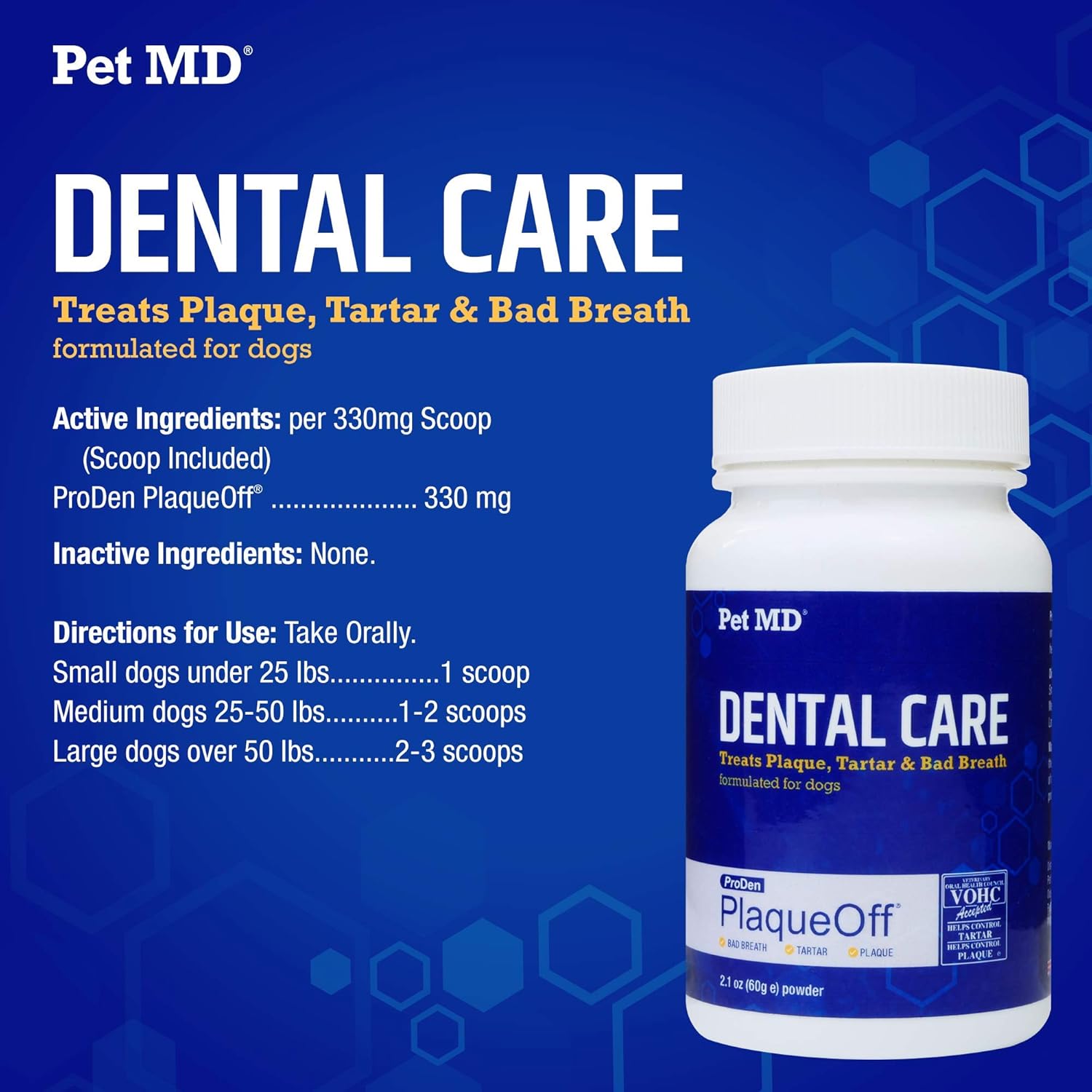 Pet MD Proden PlaqueOff Dog Teeth Cleaning Dental Care Powder - Oral Care Supplement for Dogs - Reduce Bad Breath, Tartar, & Plaque - 60g : Pet Supplies
